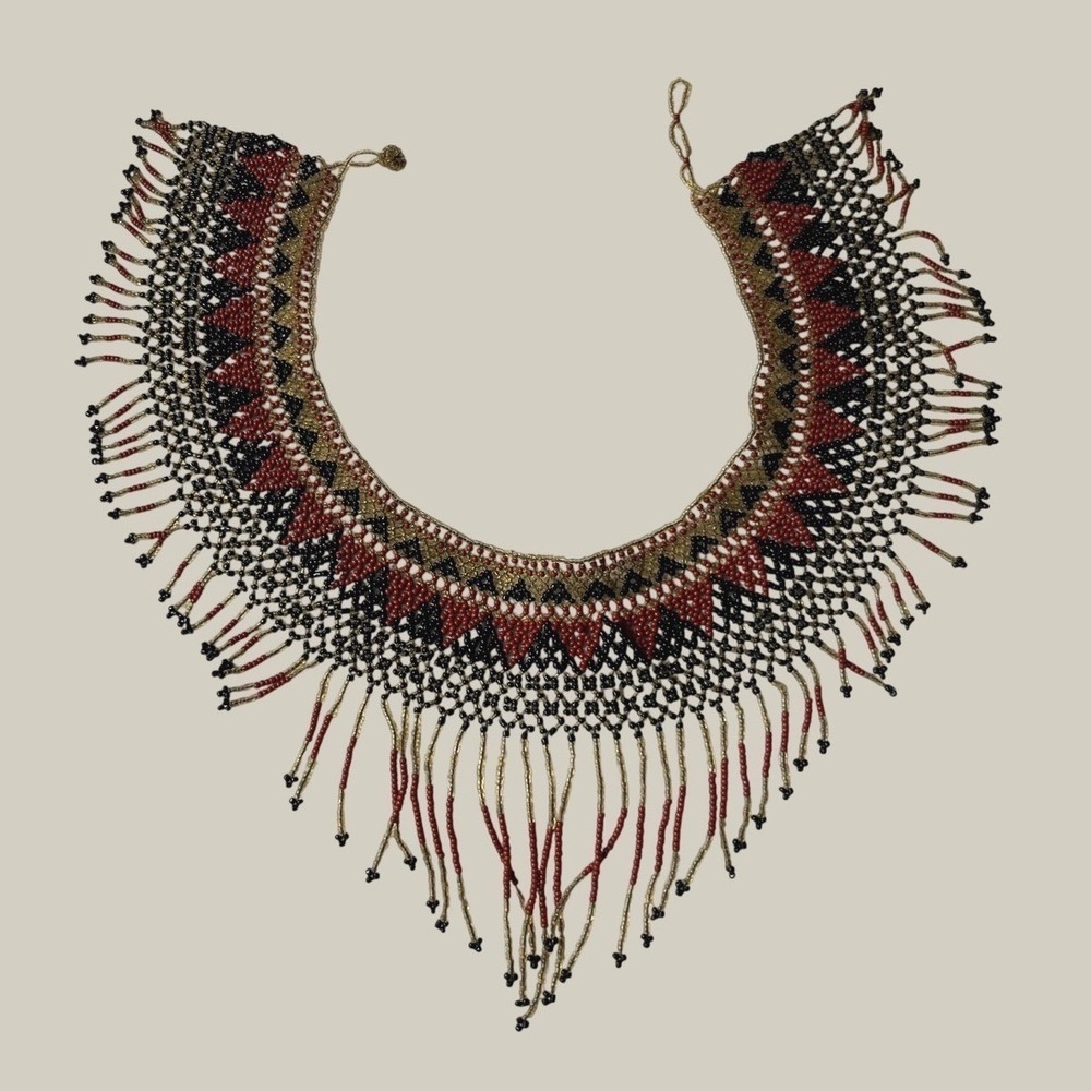 Vintage HANDMADE SEED BEAD Beaded Collar Bib Necklace Art Deco Geometric Fringe